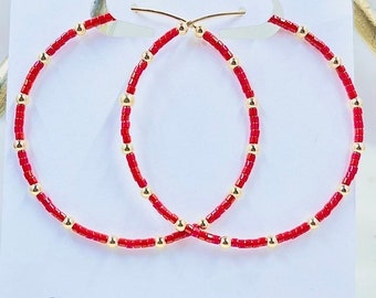 14k gold filled hoop earrings!! Red and gold, great for Holidays.