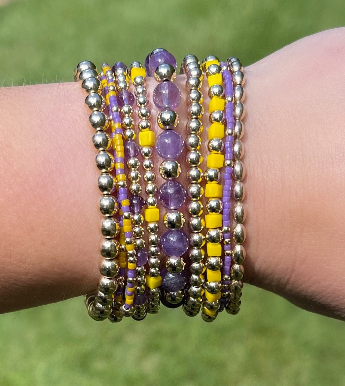 Layered Bracelet Set in Wood & Gold Metal - Orange & Purple