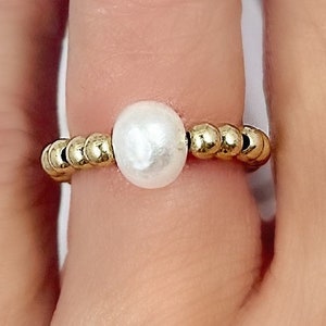 14k Gold Filled Pearl Stretch Ring: Dainty Beaded Stacking Ring
