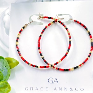 GameDay earrings. Red and black Beaded 14k gold filled hoop earrings. Perfect for UGA, Falcons gameday!
