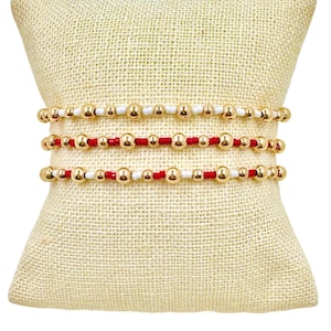 Crimson Red, white and 14k gold filled seed bead bracelets. Alabama, South Carolina, Arkansas gameday jewelry. Perfect graduation gift!