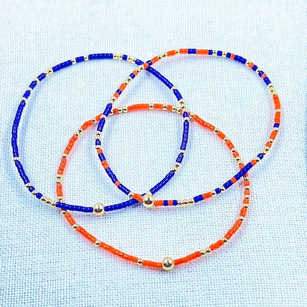 Orange and blue seed bead bracelets, stacking Gameday bracelets. 14k gold filled, great for Florida Gator Fans! The perfect graduation gift!