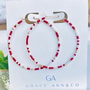 Beaded 14k gold filled hoop earrings! Red, white, gold. Alabama, Arkansas, South Carolina, Nebraska college gameday! Perfect graduation gift