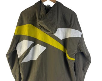 Vintage Y2K Reebok Vektor Windbreaker Jacke Olivgrün mit Kapuze Nylon Mesh gefüttert