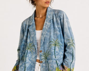 Vintage Anage Palm Tree Embroidered Cotton Blazer Jacket