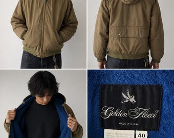 Vintage 1980s Golden Fleece USA Hooded Insulated Work Jacket Khaki Blanket Lined