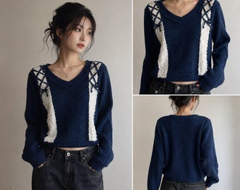 Axes Femme MR31X48 Navy Lace-Up Faux Fur Knit Sweater Mori Kei Fairy Grunge