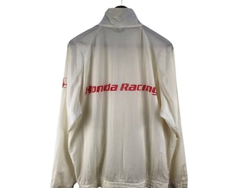 May include: White windbreaker jacket with a red "Honda Racing" logo on the back.