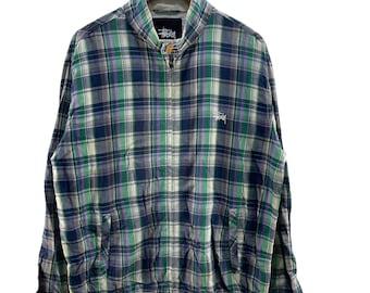 Vintage Stussy Blue Plaid Button up Lightweight Jacket,checkered