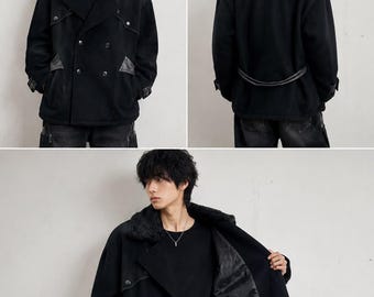Vintage 90s Yoshiyuki Konishi FICCE UOMO YHDR03 Black Wool Velvet Collar Double Breasted Half Coat Made in Japan M