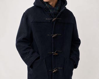 Vintage Gloverall Made in England Navy Wool Hooded Duffle Coat Toggle Jacket