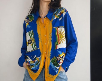 Vintage 90s Tiffin From Healthy Nautical Scarf Print Longline Blouse Blue Mustard Gold Button Sailing Shirt