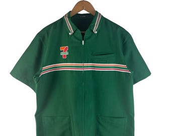 Vintage 7-Eleven Employee Uniform Shirt Green Striped Zip Up