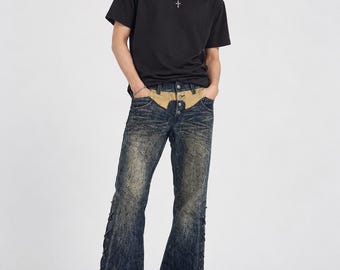 Vintage Tornado Mart Snakeskin Lace-Up Flare Distressed Jeans
