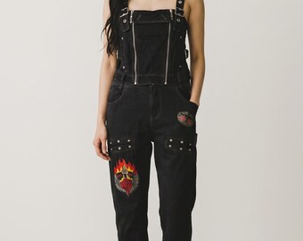 Vintage ALGONQUINS Black Punk Cargo Overall Jumpsuit Studded Zip Visual Kei Gothic Harajuku
