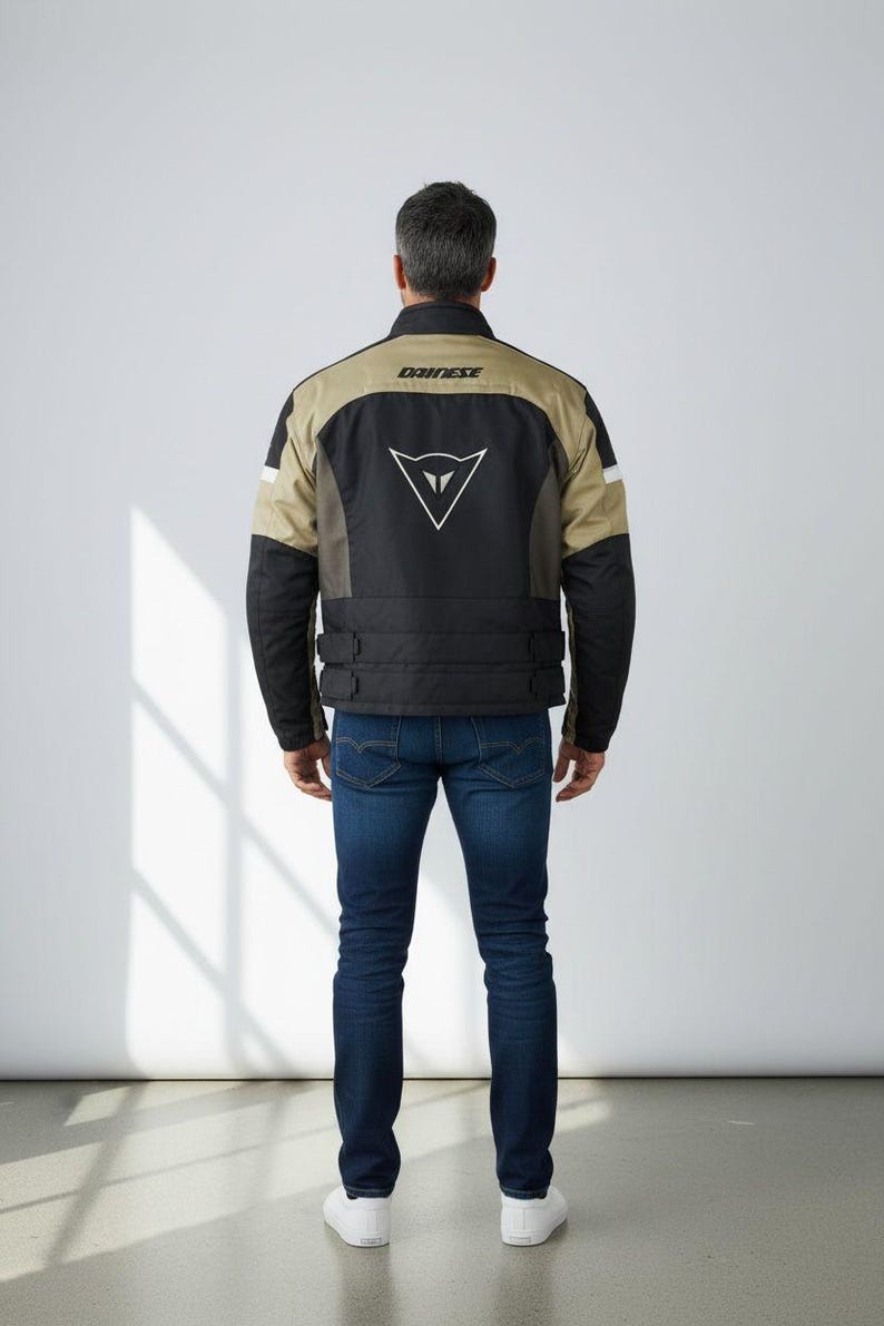 K&ouml;nnte beinhalten: Eine schwarze, beige und wei&szlig;e Motorradjacke mit dem Markennamen "DAINESSE" und einem wei&szlig;en Logo auf dem R&uuml;cken. Die Jacke hat eine schwarze Basis mit beigefarbenen Schultern und wei&szlig;en Streifen. Die Person tr&auml;gt eine blaue Jeans und wei&szlig;e Turnschuhe.