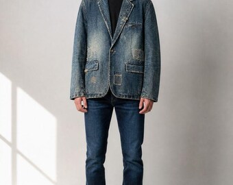 Vintage IN THE ATTIC Distressed Denim Blazer Jacke Japanisches Y2K Patchwork