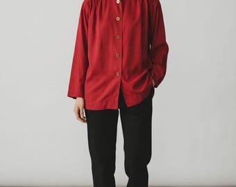 Vintage Givenchy Life Red Silk Blend High-Neck Gathered Blouse