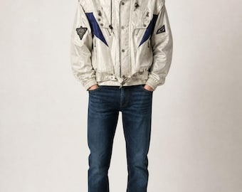 Vintage 90er Jahre Ellesse Mystique Ski Racing Jacke Goldwin Japan Cabrio Kapuzenjacke Multipocket Weiß Blau Selten