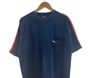 Vintage Quiksilver Velour T-Shirt Navy Blue Orange Stripes