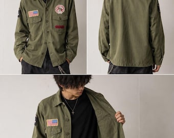 EDWIN GET647 Military Shirt Jacket Olive Green Cotton Patch Overshirt Size S