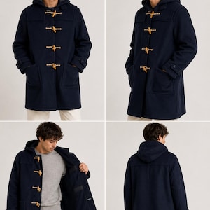 May include: A navy blue duffle coat featuring a hood, long sleeves with buttoned cuffs, and four light brown wooden toggle closures with rope loops. The coat includes two large front patch pockets and a straight hemline, shown from multiple angles.