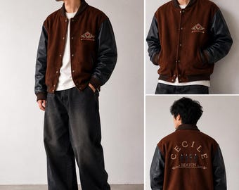 Vintage Cecile Beaton wollen leren varsity jack bruin zwart geborduurde achterkant Japans bomberjack