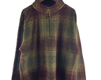 Vintage Nautica geruite sherpa fleece pullover met kwartrits bruin olijfgroen teddyjack