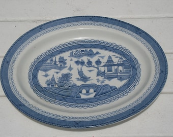 RARE 19th Century Enoch Woods & Ware  Chinese Export Canton Blue and  White OVAL Plate  Circa 1950  # 89