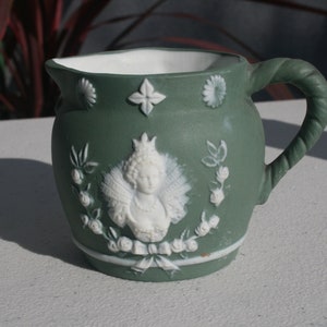 Antique Schafer & Vater Queen Elizabeth I Bust Green Jasperware Milk Jug #56