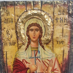 Handmade Greek Wood Icon: Saint Dymphna