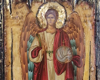 Icona dell'Arcangelo Michele Taxiarches greco-cristiana ortodossa bizantina fatta a mano