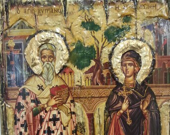 Icona dei Santi Cipriano e Giustina: stile greco bizantino, legno fatto a mano.