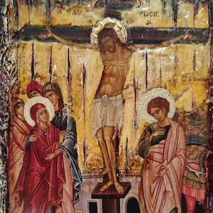 Crucifixion of Jesus Christ Icon- Unique Greek Orthodox Byzantine Icons on Hand