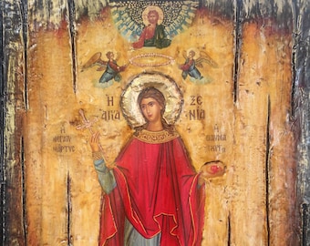 Icona greca di Santa Xenia fatta a mano: arte religiosa in legno invecchiato decoupage
