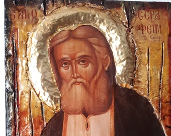 Saint St. Seraphim of Sarov Icon on Wood-Orthodox Handmade  Greek Icons
