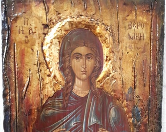 Saint St. Veronica Issue of Blood Icon- Rare Byzantine Greek Orthodox Antique Style Icons