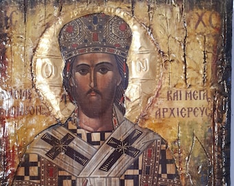 Icona di Cristo benedicente: stile antico greco bizantino, legno invecchiato