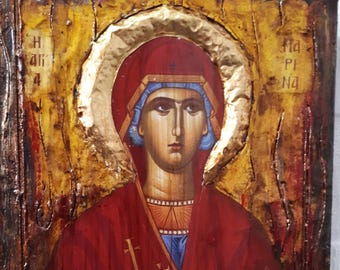 Saint Marina Icon: Greek Orthodox Byzantine Style, Wood Aged