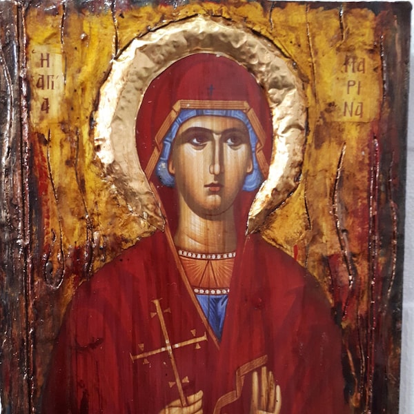 Saint Marina Icon: Greek Orthodox Byzantine Style, Wood Aged