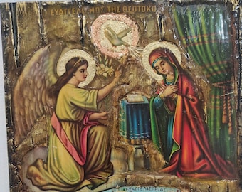 Vergine Maria, Annunciazione, con Tempio a Tenos - Icona - Icone in legno in stile antico greco-bizantino ortodosso