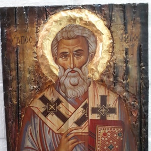 Saint Fotios Greek Orthodox Icon: Wood Aged Religious Art