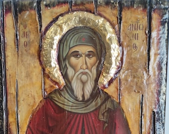Icona di Sant'Antonio fatta a mano: arte greco-ortodossa del legno