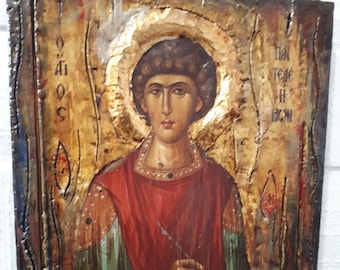 Orthodox Icon Saint St. Panteleimon Handmade Greek Byzantine Antique Style Icons