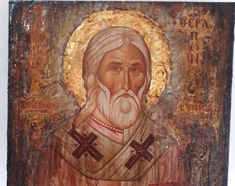 Saint Therapon (Mytilene) -Orthodox Icon Byzantine Religious Antique Style Icon