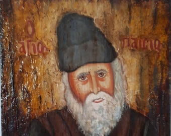 Icona ortodossa fatta a mano di San Paisio, icone rare bizantine, stile antico