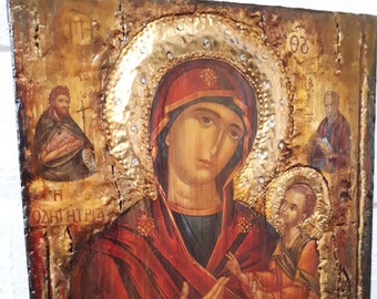 神の母アンティークロシア正教会手描きイコン、19 世紀。真鍮のオー