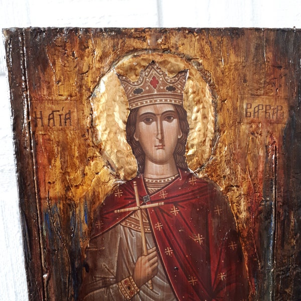 Saint St. Barbara Varvara Icon - Handmade Greek Orthodox Byzantine Icons - Antique Style Icon