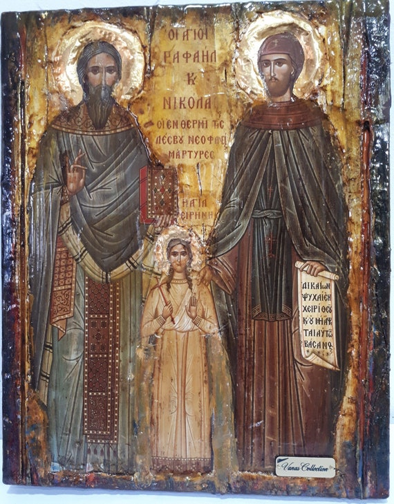 St. Raphael, St. Irene & St. Nicholas-Greek Orthodox Byzantine Handmade Icons