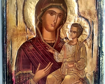 Panagia Portaitissa, Jesus Christ -Orthodox Greek Byzantine Wood Antique Style Icon